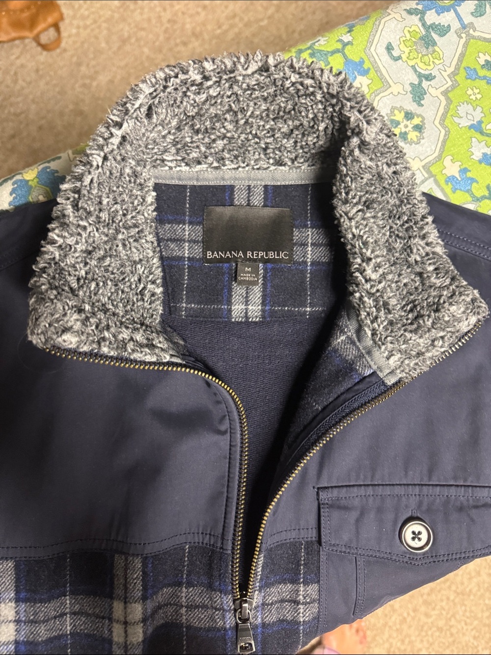 Banana Republic Navy Jacket with Gray Sherpa Collar and Plaid Interior
